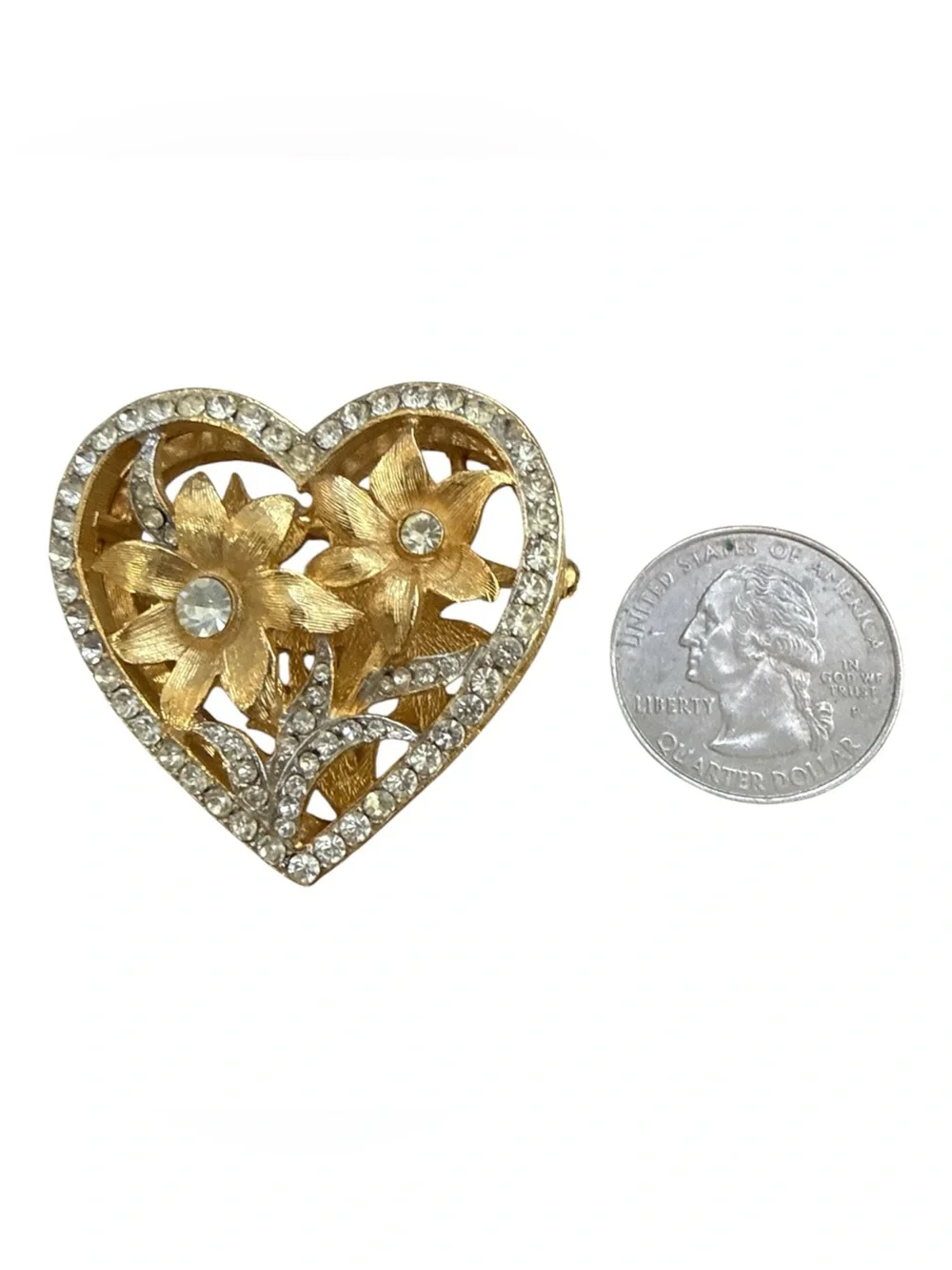 Vintage Kramer Heart Brooch Pin Gold Tone Rhinestone Floral Cut-Out